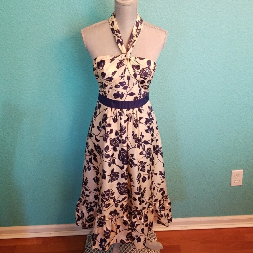 Silk floral dress Blue and cream